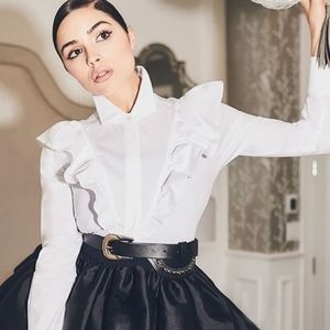 Olivia Culpo White Ruffle Button Down Shirt